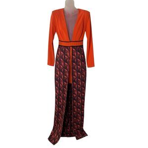 AQ/AQ Maxi Dress Geometric Print Orange Black Size 4 Long Sleeve Plunge V-Neck